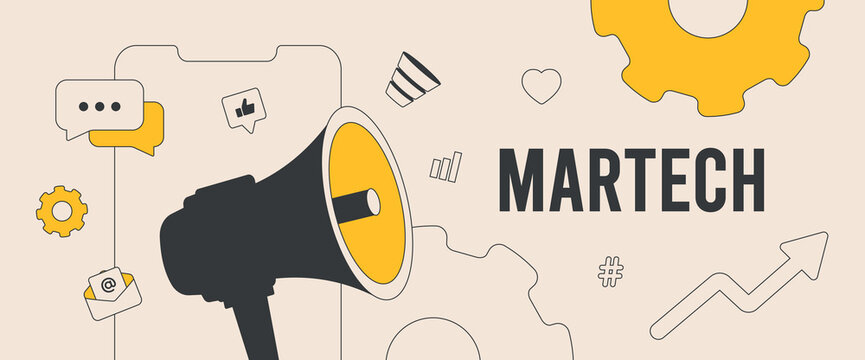 Martech solutions and technology marketing concept. Key trends include automation software, data analytics and marketing strategy integration. Martech ecosystem strategies vector header illustration