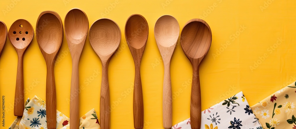 Poster Set of wooden kitchen utensils Floral pattern cloth napkin on empty yellow background Top view with space for your text. copy space available