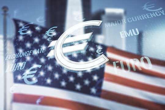 Virtual EURO symbols illustration on USA flag and blurry skyscrapers background, forex and currency concept. Multiexposure