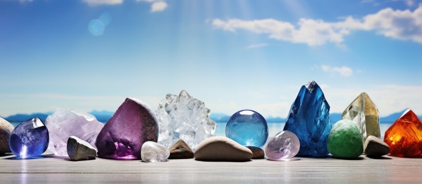 Crystal and gemstones depicted in a copy space image promoting health wellness and healing against a natural backdrop