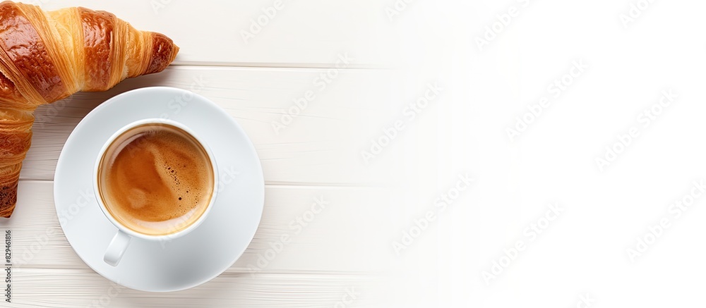Poster fresh croissant and coffee cups isolated on white background breakfast concept creative layout top v