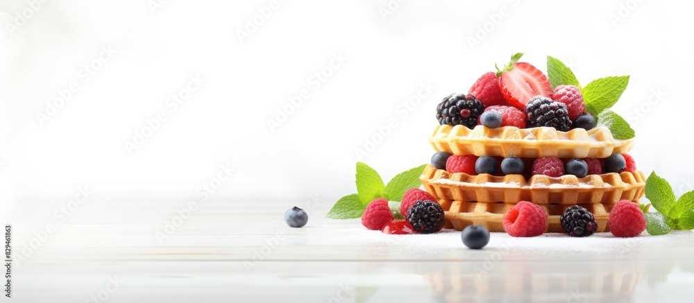 Poster homemade waffles on white table top view. copy space available