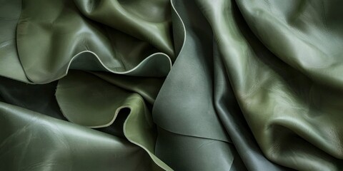 Close-up view of supple green leather remnants, their smooth surfaces inviting touch and exploration.