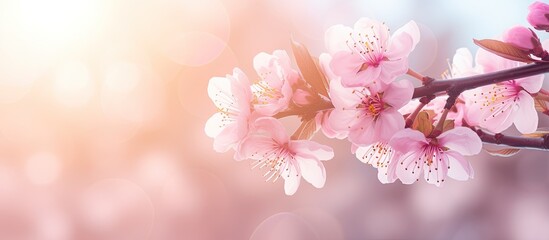 Pink blossoming almond tree with bokeh light background Pink flowers for spring time background close up banner. copy space available