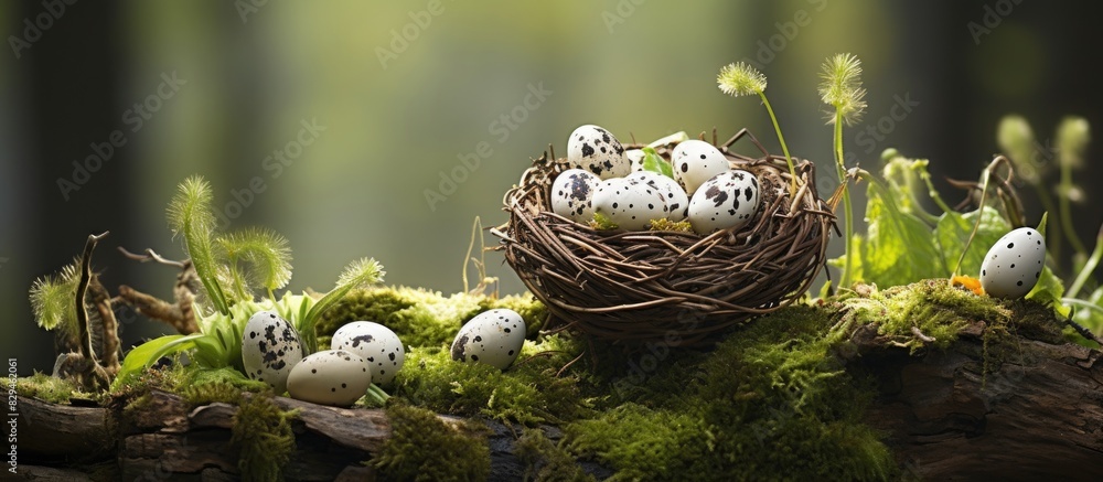 Poster quail easter eggs in a basket on a natural green moss with snowdrop flowers on a tree stump spring e