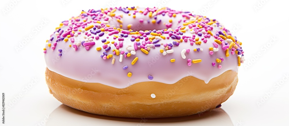 Poster Donut or doughnut with purple sprinkles topping Isolated on white background Perfect for design element. copy space available