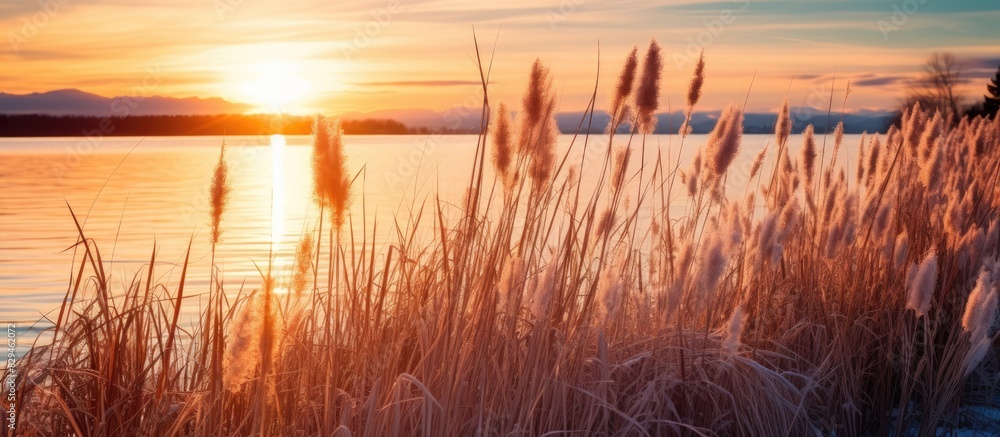 Poster sunset winter landscape on a lake with a reed growing on the shore against the background of the set