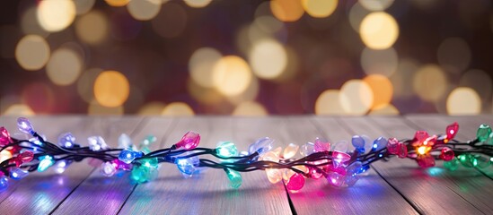 wreath laid on wooden background lights garlands of colorful blurry Christmas beautiful bokeh. copy space available