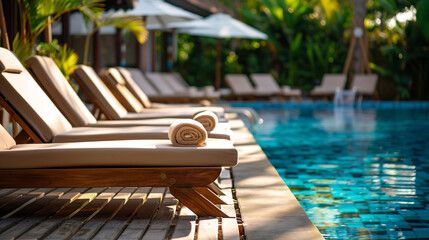 Obraz premium Deck chairs by the swimming pool in a beautiful summer resort. Pastel sunbeds in an exotic luxury hotel. Tropical travel mood, summer vacation background concept. 