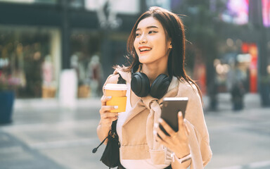 Youth asian woman using smartphone for dating online gen z lifestyles with positive look