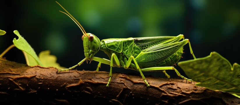 Phyllium giganteum leaf insect walking leave. copy space available