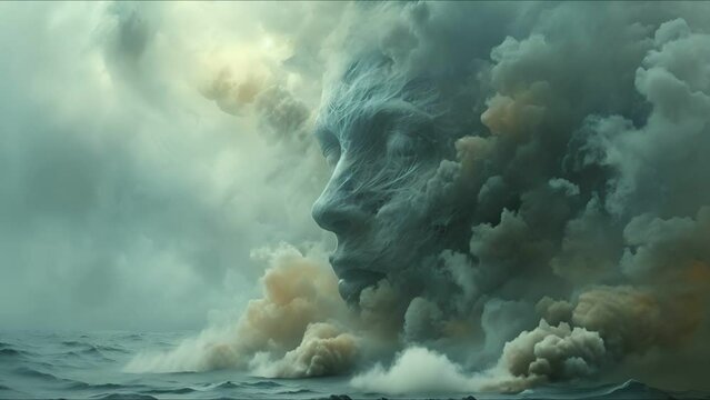 Eerie monster face within swirling magic smoke overlooking a futuristic dystopian wilderness
