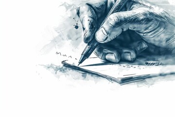 Sketch of a hand writing on a piece of paper in blue ink