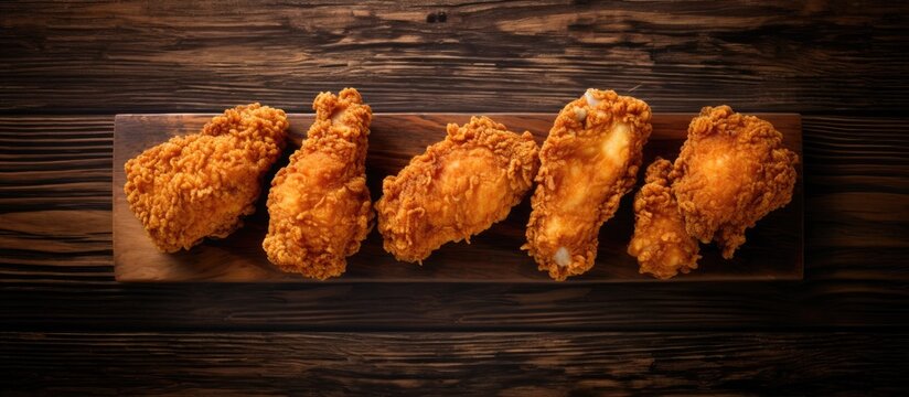 Crispy fried chicken broast cuts on old dark wooden table top view with copy space