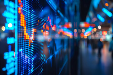 Closeup of a stock market chart on a digital display against a blue background. In the style of a business concept for financial and global markets, illuminated stock candle charts are shown on a glas