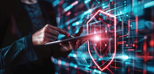 Virtual security shield and padlock symbol. Businessman and cybersecurity concept