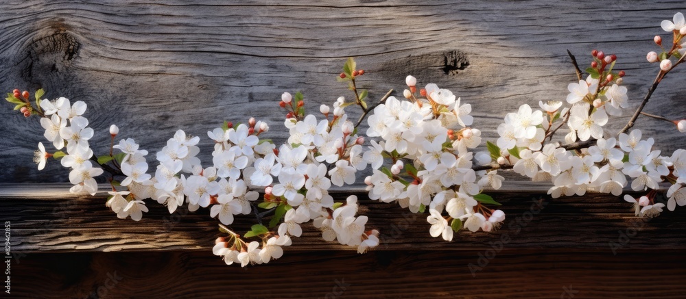 Poster spring flowering branch on wooden background plum blossoms delicate branch of flowering plum on a wo