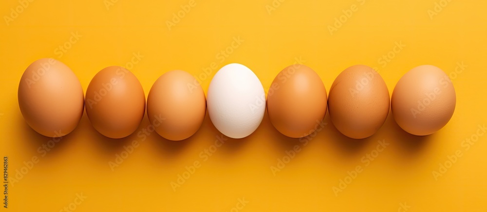 Poster brown chicken eggs on yellow background fresh chicken eggs background top view with copy space