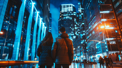 Two friends in warm jackets walk through a brightly lit cityscape at night, surrounded by neon lights and tall skyscrapers.