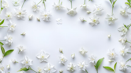 Fresh jasmine flowers on a green levees in a  white surface background ai generative