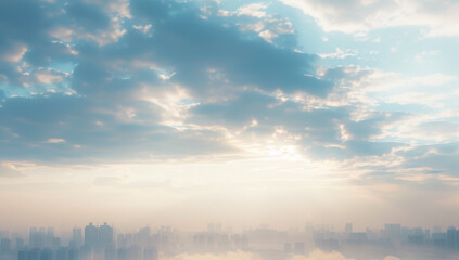 Ciudad desenfocada bajo cielo nublado espectacular.