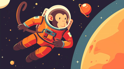 Fototapeta premium illustration of a monkey wearing an astronaut suit floating in space with copy space