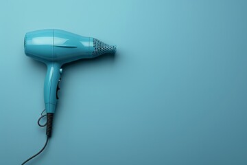 Hair dryer on blue background, banner, copy space