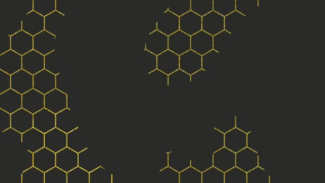 Abstract hexagon background with animated golden lines on black background. Modern seamless looped animation. 
