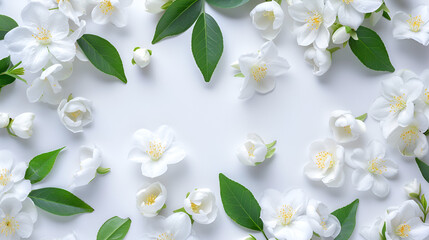 Fresh jasmine flowers on a green levees in a  white surface background ai generative
