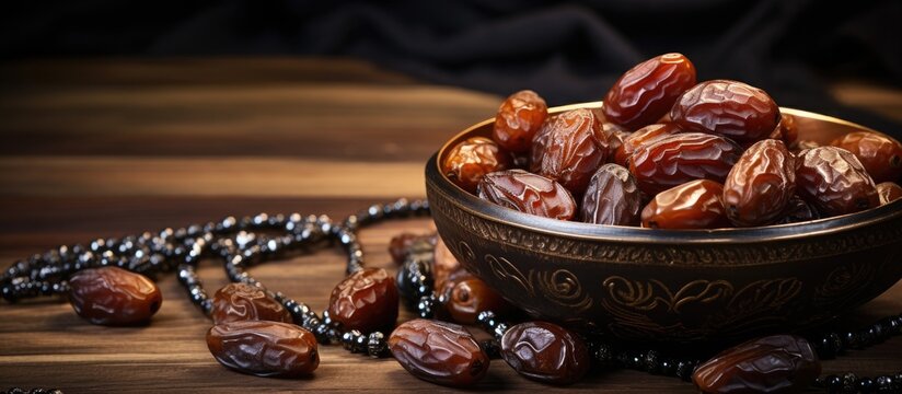 Ramadan Kareem Festival Close up of dried dates fruit in bowl with black rosary on wooden background Copy space