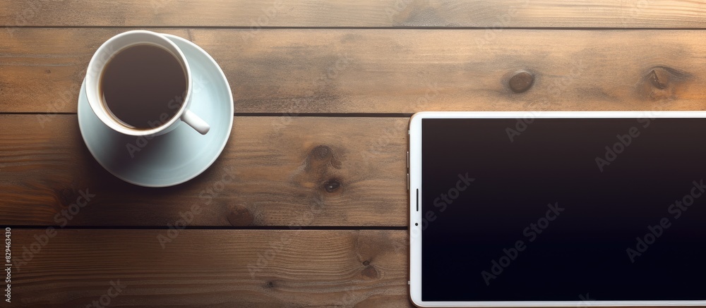 Leinwandbilder blank screen smartphones and tablet pc on the wooden desktop with computer keyboard and a cup of cof