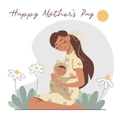 Vector Mother`s Day card. Nice cartoon mom with little son in a flowers. Young beautiful woman with her child. Happy motherhood and childhood.