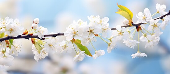 In early spring the branches of the cherry tree are adorned with blossoms in a beautiful white color. Copyspace image