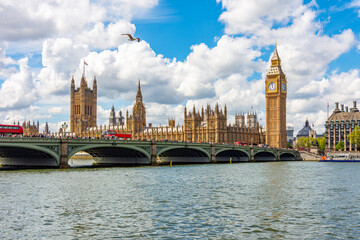 Big Ben with Houses of Parliament and Westminster bridge, London, UK