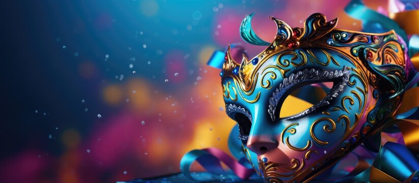 There is a festive mask showcased on a colorful background creating an enticing copy space image