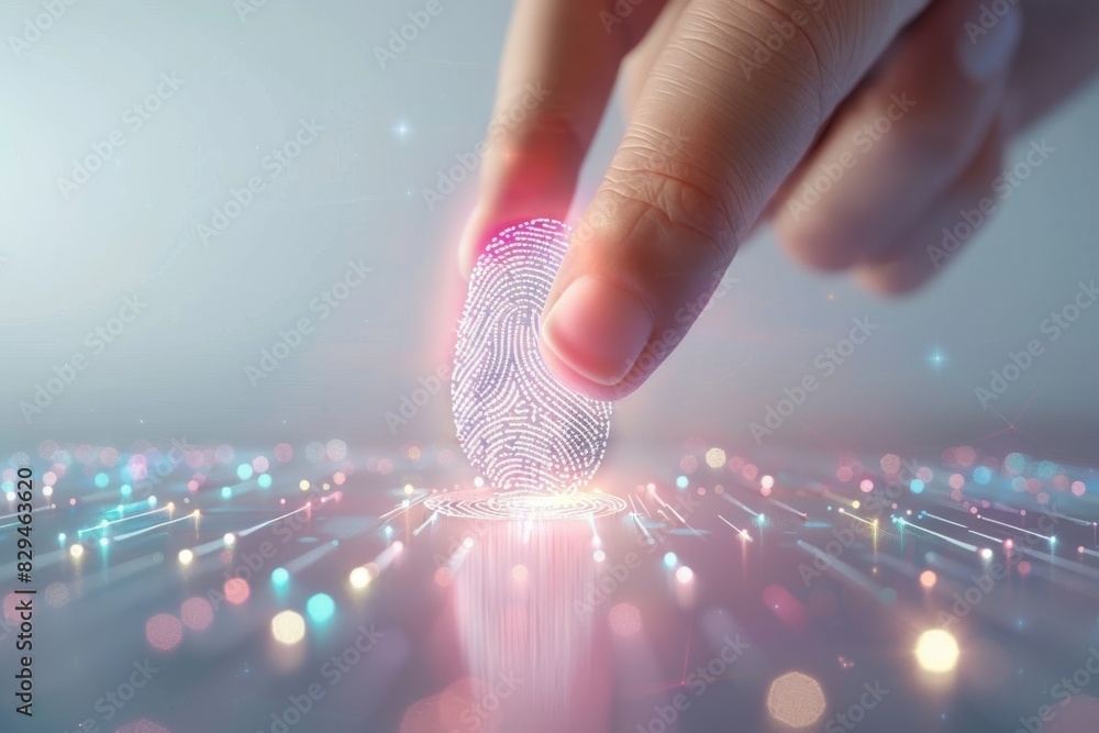 Poster person touching a luminous digital fingerprint sensor, depicting the interactive technology used in 