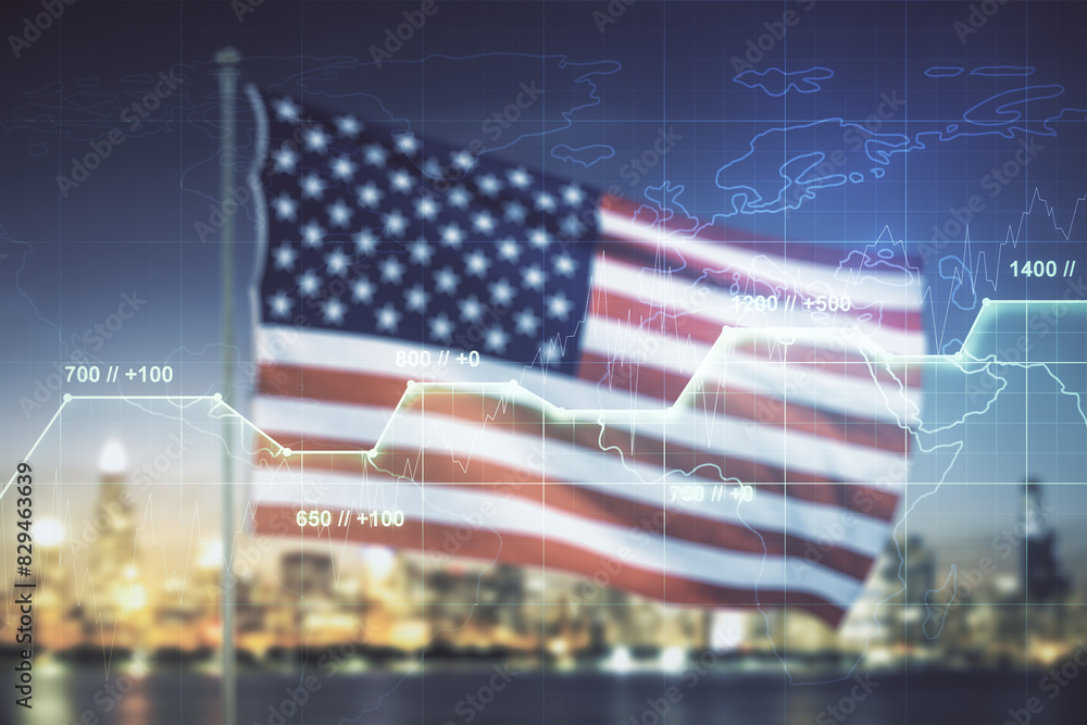 Poster multi exposure of creative statistics data hologram on usa flag and blurry skyscrapers background, s