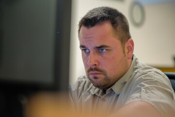 Fototapeta premium Professional Photography of a worker with a frustrated expression staring at a computer screen, Generative AI