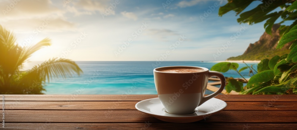 Poster a picture showing a cup of freshly brewed coffee on a vacation with empty space around it for additi