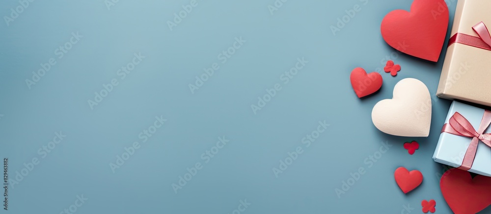 Poster top view flat lay of a valentine s day greeting card template adorned with gift boxes and heart shap