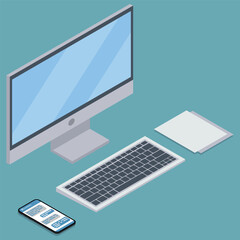 Flat Isometric desktop computer. Pc icon. Vector illustration.