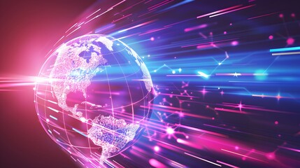 Fototapeta premium America-centric digital world globe signifying international information exchange, high-speed data transfer, and advanced cyber technology
