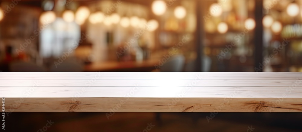 Poster a white table is presented on a desk against a blurred background the wood counter is empty and sits