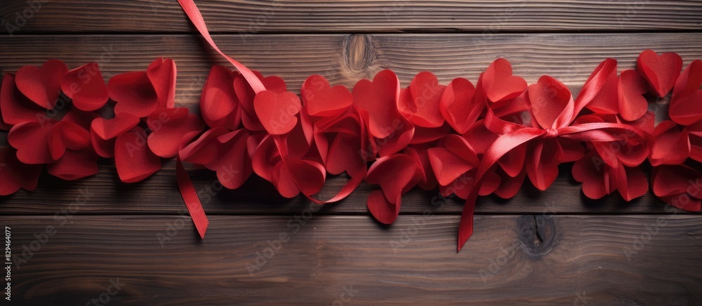 Poster a top down view of heart shaped ribbons on a wooden table creating a concept of valentine s day ther