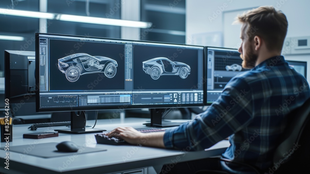 Poster a man sits at a desk with two computer monitors, using a personal computer and peripherals for engin