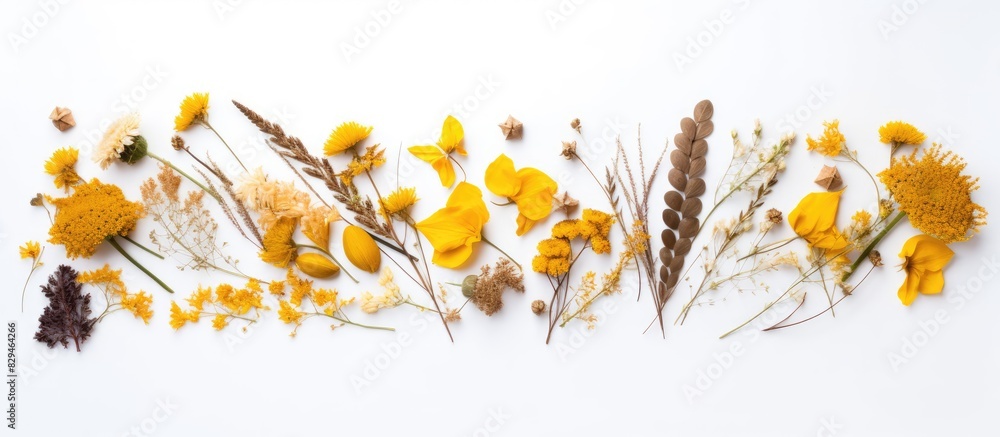 Poster in the middle of a white background there is a top view flat lay arrangement of yellow dried flowers