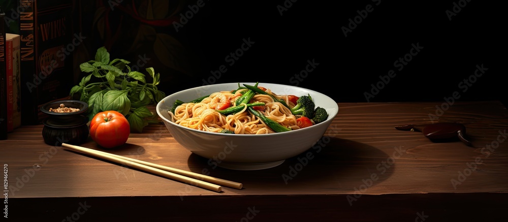 Poster the table is adorned with a bowl of noodles accompanied by fresh vegetables and chopsticks leaving r
