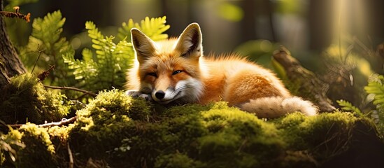 Fototapeta premium A fox peacefully rests in its natural habitat providing a perfect copy space image