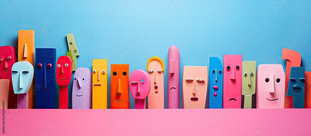 Poster a creative art design featuring colorful paper heads against a pink background showcasing a unique a