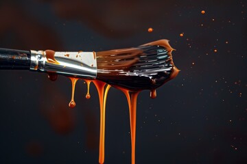 Capturing the fluidity and motion of the liquid, an artistic shot features a paintbrush with paint dripping down.
